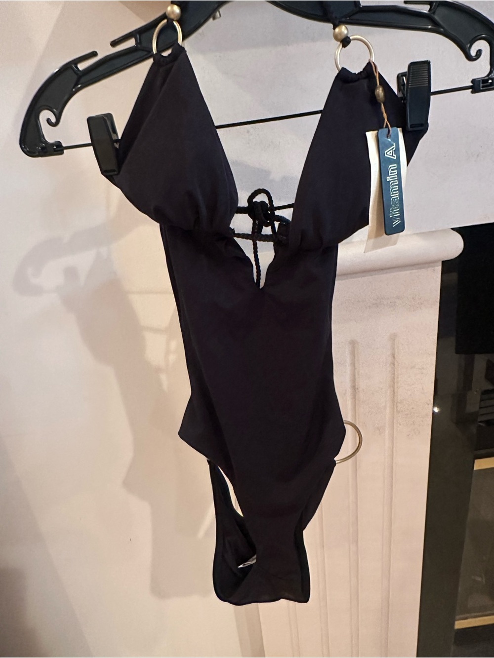 Vitamin A Black monokini with brass ring sides tie top, front and back. NWT sz 8